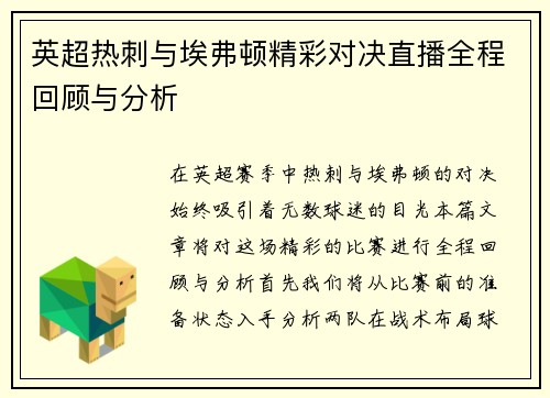 英超热刺与埃弗顿精彩对决直播全程回顾与分析