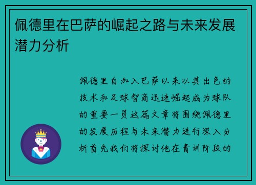 佩德里在巴萨的崛起之路与未来发展潜力分析