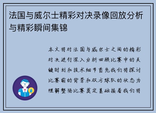 法国与威尔士精彩对决录像回放分析与精彩瞬间集锦