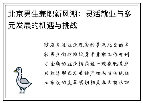 北京男生兼职新风潮：灵活就业与多元发展的机遇与挑战
