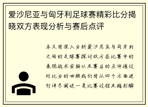 爱沙尼亚与匈牙利足球赛精彩比分揭晓双方表现分析与赛后点评