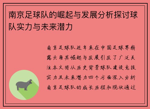 南京足球队的崛起与发展分析探讨球队实力与未来潜力