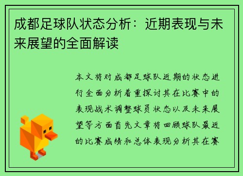 成都足球队状态分析：近期表现与未来展望的全面解读