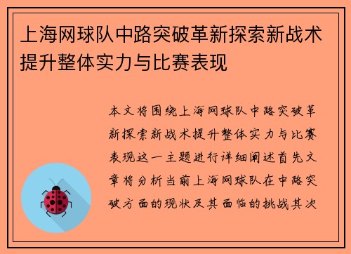 上海网球队中路突破革新探索新战术提升整体实力与比赛表现