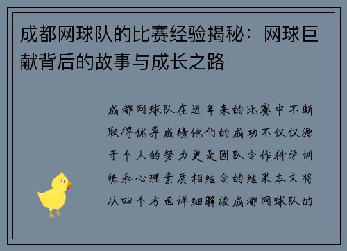 成都网球队的比赛经验揭秘：网球巨献背后的故事与成长之路