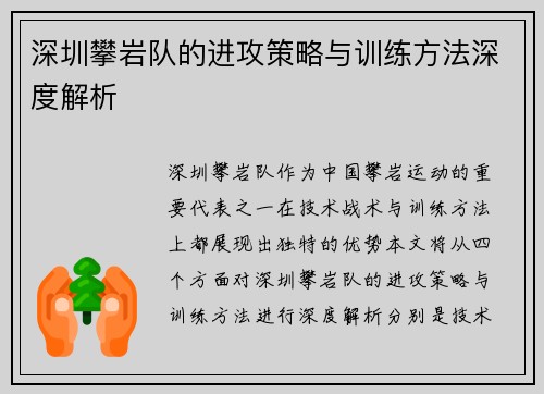 深圳攀岩队的进攻策略与训练方法深度解析
