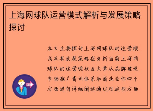 上海网球队运营模式解析与发展策略探讨