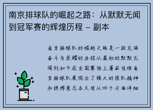 南京排球队的崛起之路：从默默无闻到冠军赛的辉煌历程 - 副本