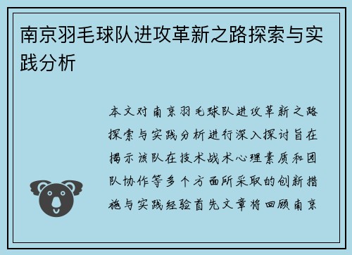 南京羽毛球队进攻革新之路探索与实践分析