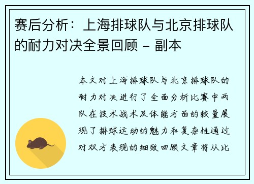 赛后分析：上海排球队与北京排球队的耐力对决全景回顾 - 副本