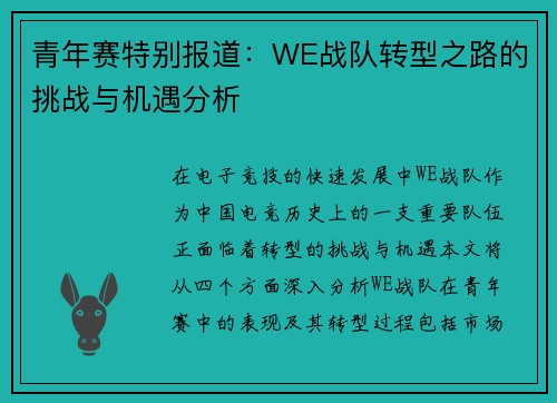 青年赛特别报道：WE战队转型之路的挑战与机遇分析